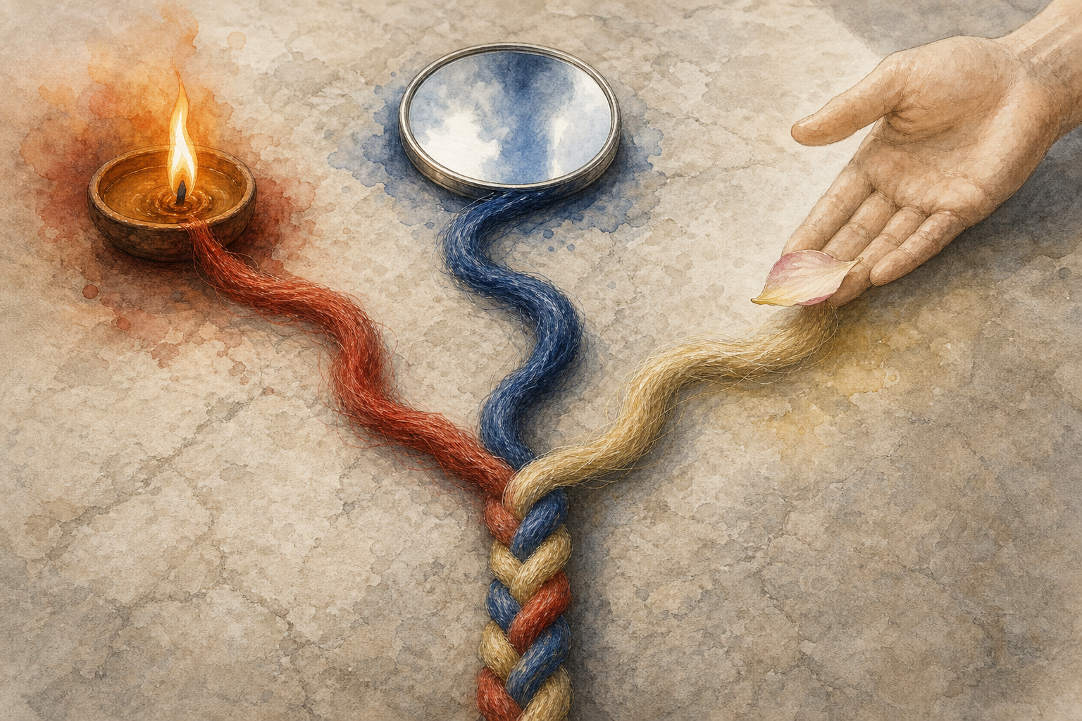 Red, blue, and gold strands associated with a flame, a mirror, and an open hand are braided into one cord.