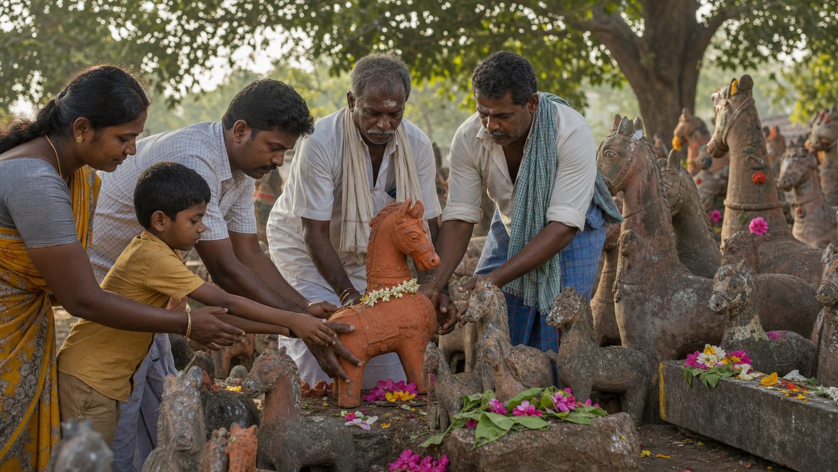A family and shrine caretakers carefully place a new terracotta horse beside older weathered offerings at a grove shrine.