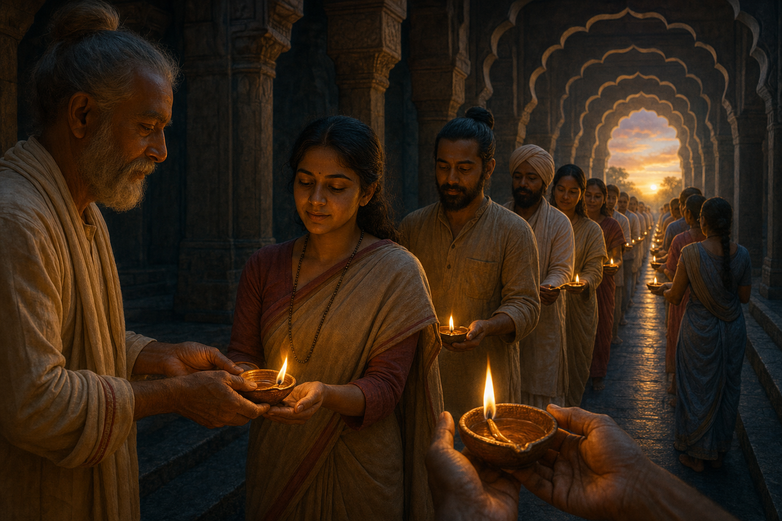 A procession of devotees passes the flame of one oil lamp to the next beneath a series of temple arches.