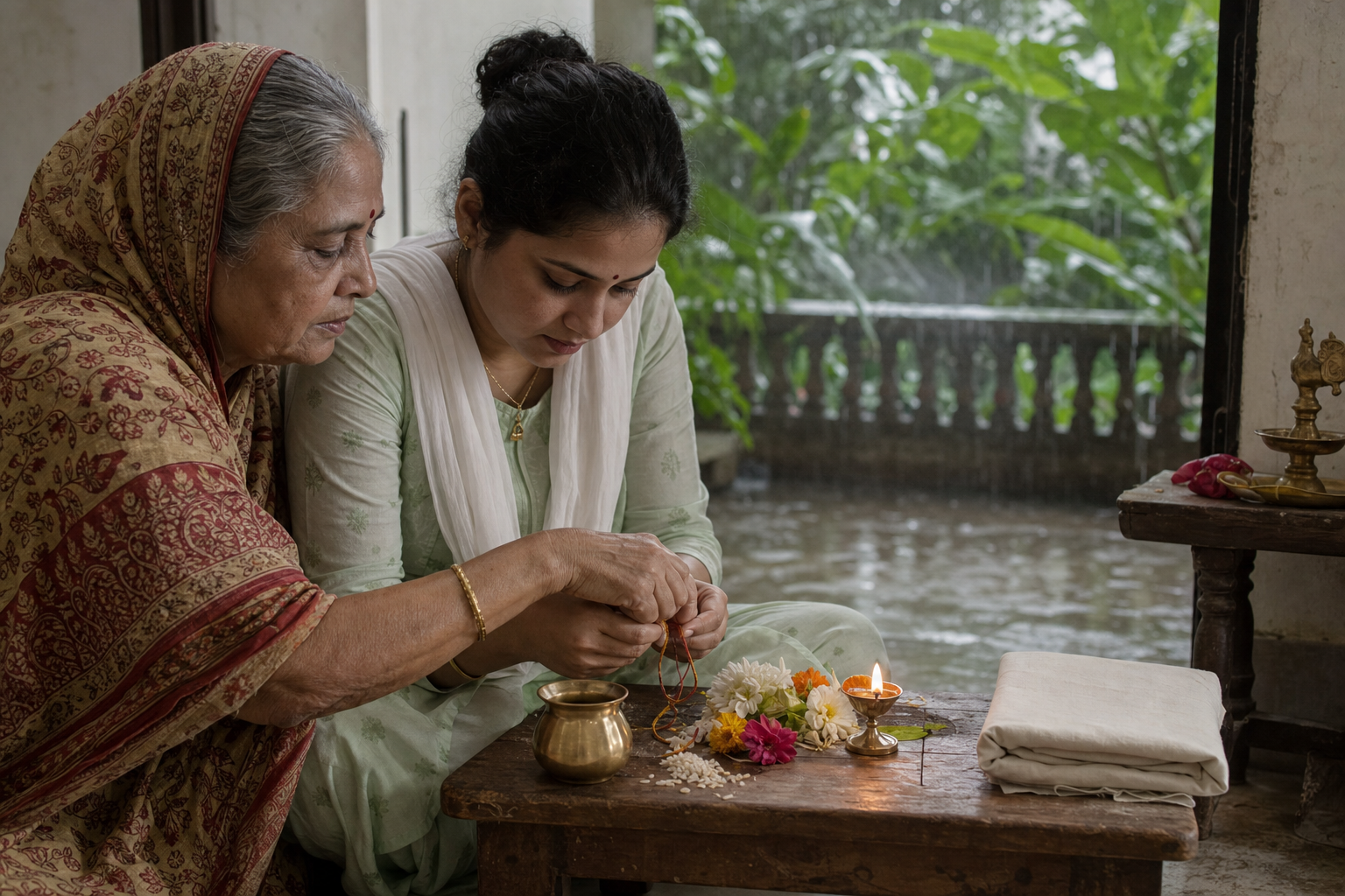 An older woman guides a younger adult in preparing a sacred thread beside worship offerings in a monsoon-season home.