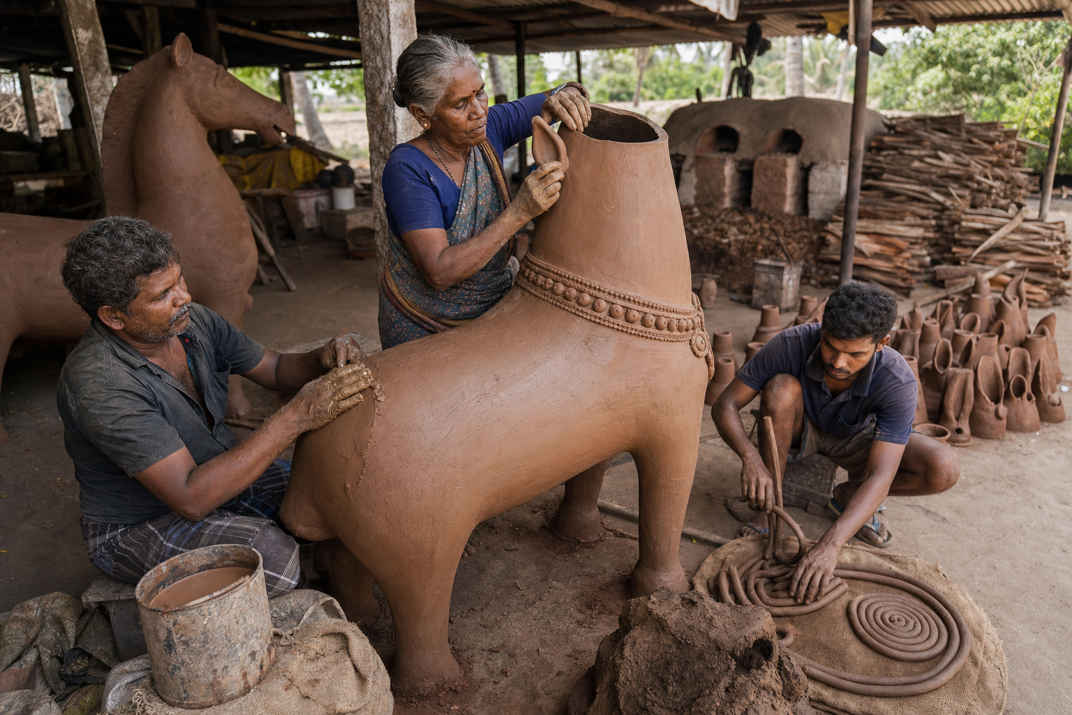 Potters work together to build a large hollow terracotta horse from coils and shaped clay components in an open workshop.