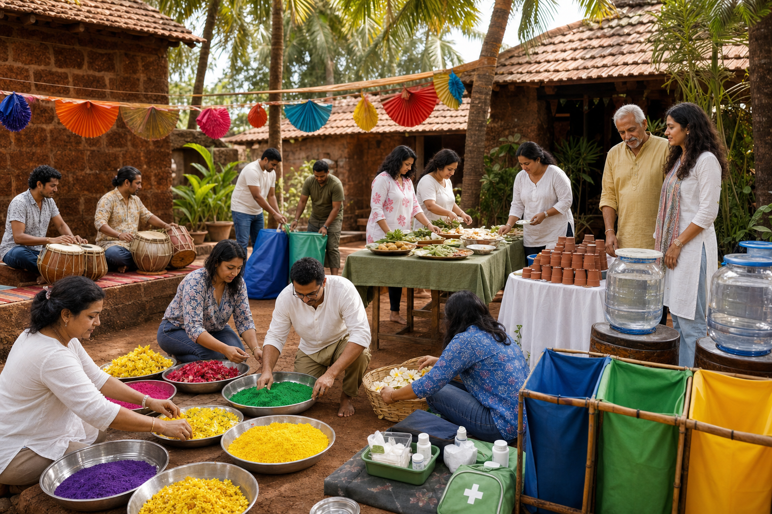 Volunteers arrange colored powders, flowers, water, food, first-aid supplies, drums, and waste containers for a community Holi event in Goa.