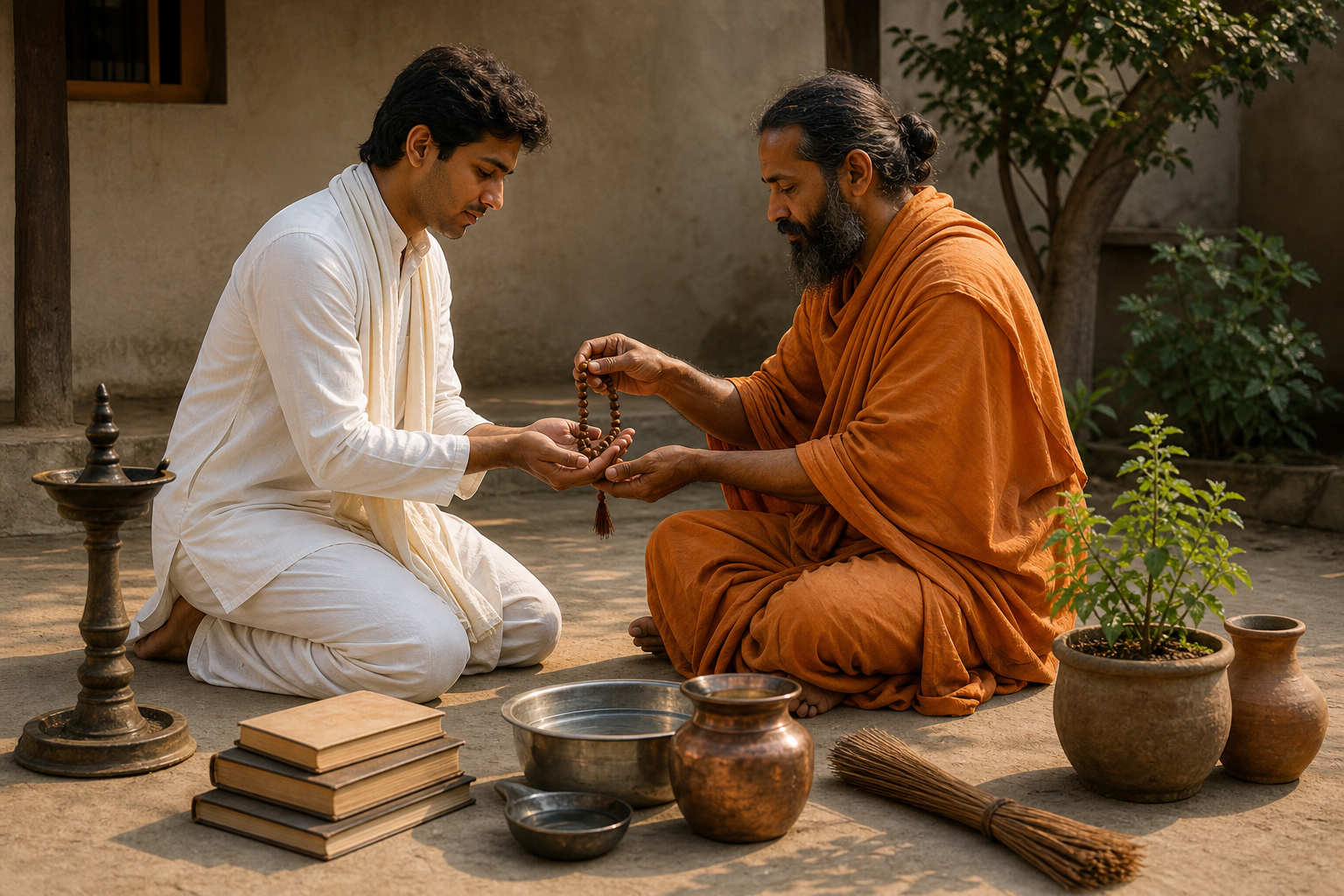A kneeling devotee receives prayer beads from a teacher beside lamps, vessels, a broom, books, and a tulsi plant in an ashram courtyard.