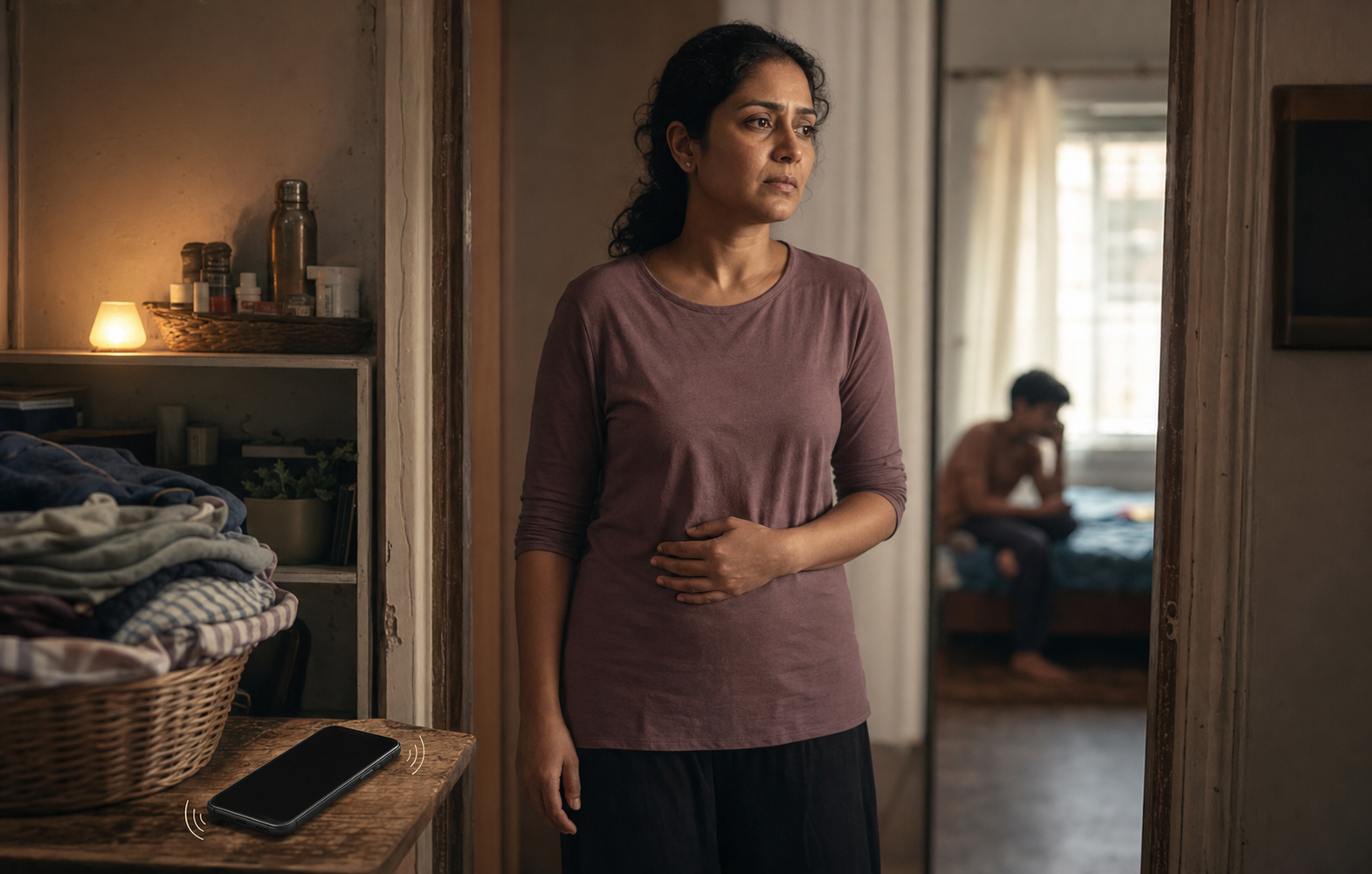 A householder pauses calmly in a doorway before responding during a tense moment at home, with an unfinished task and phone nearby.