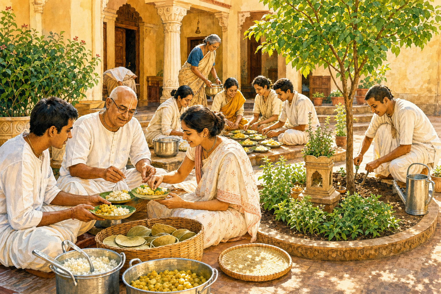 Devotees of different ages prepare prasadam, guide younger volunteers, and care for a newly planted tree in a sunlit courtyard.