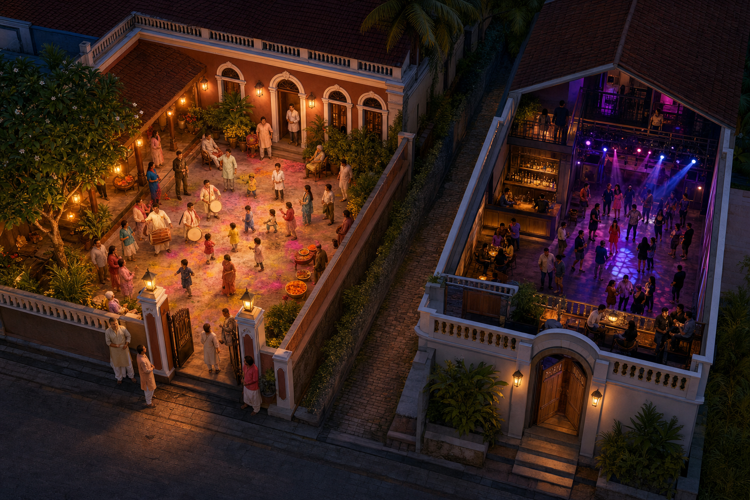 An elevated view shows a family Holi courtyard and a separate nightlife venue divided by a lane in a Goan town.
