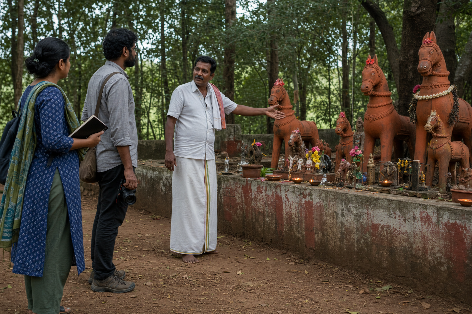 Two visitors wait at the edge of an Ayyanar shrine while a local caretaker indicates how to approach the terracotta horses respectfully.