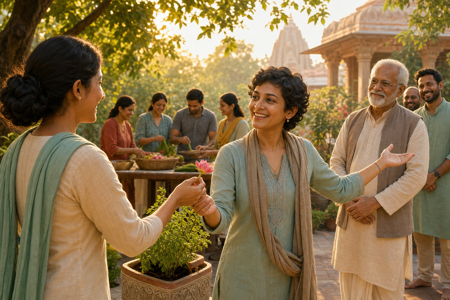 One devotee accepts a flower of thanks and gestures toward an elder teacher and the surrounding service community in a temple garden.