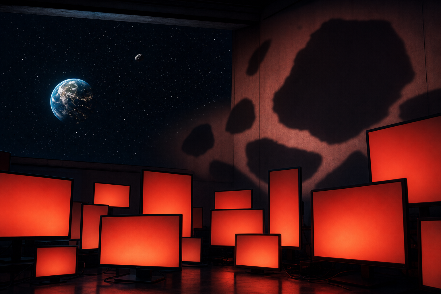 A distant asteroid passes an intact Earth while blank screens cast exaggerated asteroid shadows inside a dark room.