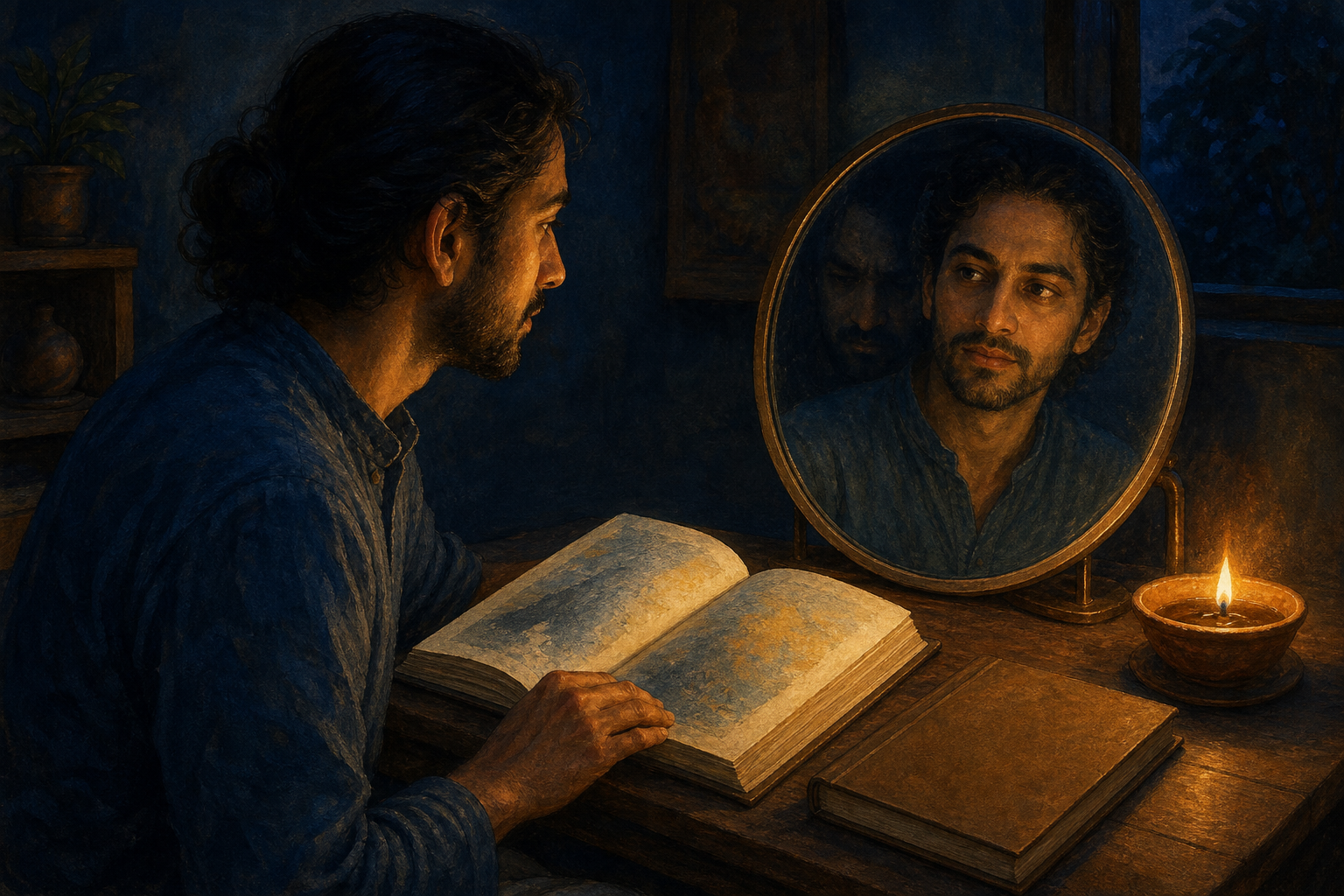 A practitioner studies an open book beside a round mirror that reflects an attentive face in warm evening lamplight.