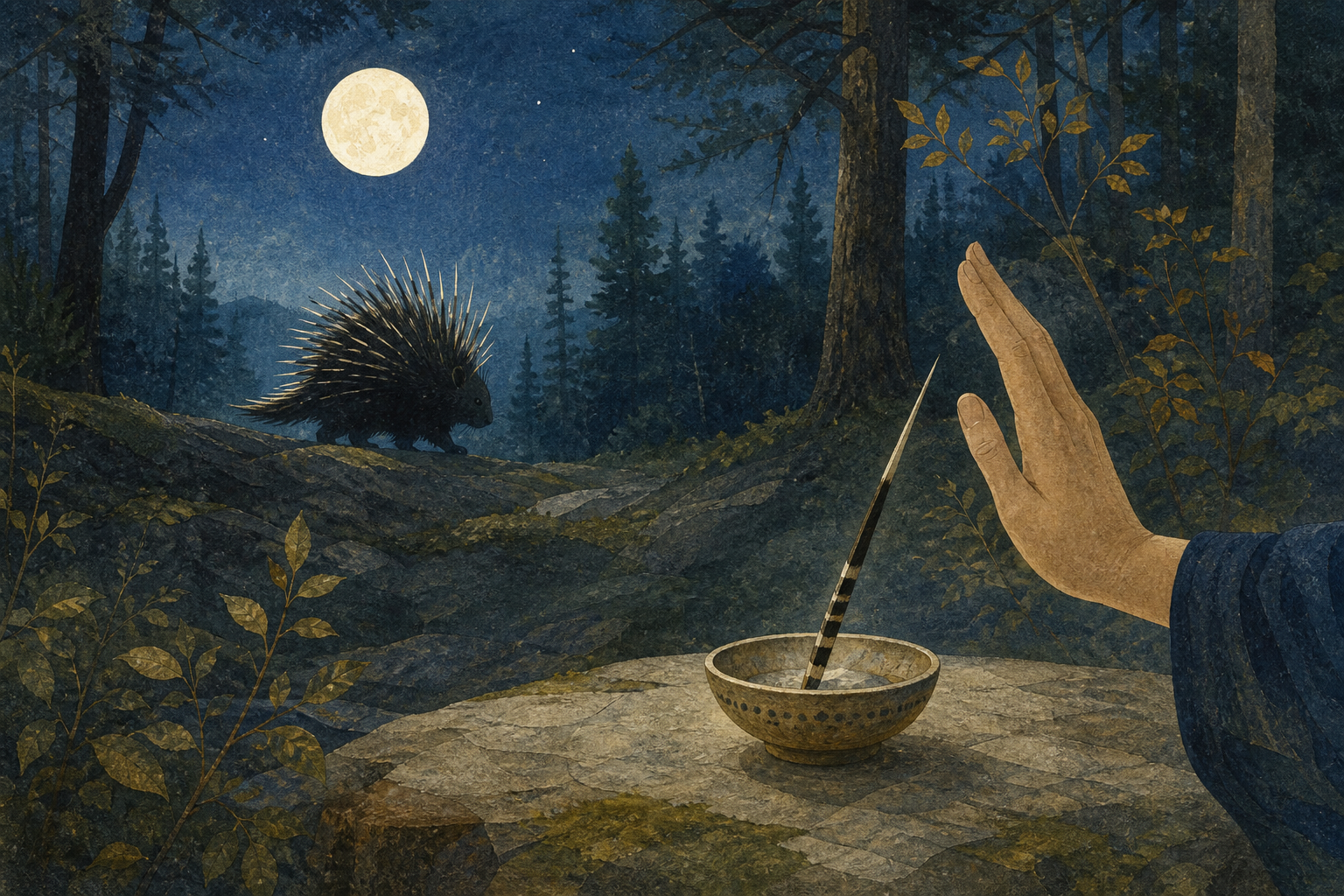 An illustrated porcupine in a forest clearing appears beside a tapered quill form, a ritual bowl, and an open hand held at a distance.