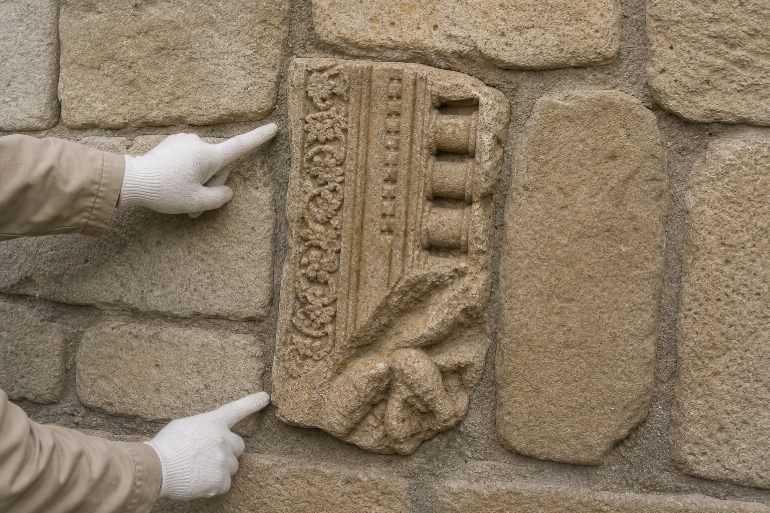 Close view of an ornamented sandstone fragment set sideways among simpler masonry blocks, with visible joints, weathering, and broken carved edges.