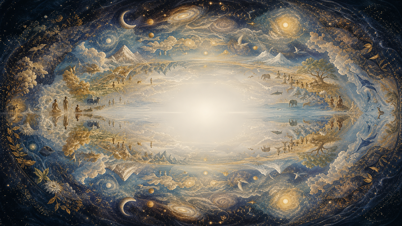A luminous still center is surrounded by circular layers of galaxies, clouds, water, plants, animals, and human figures.
