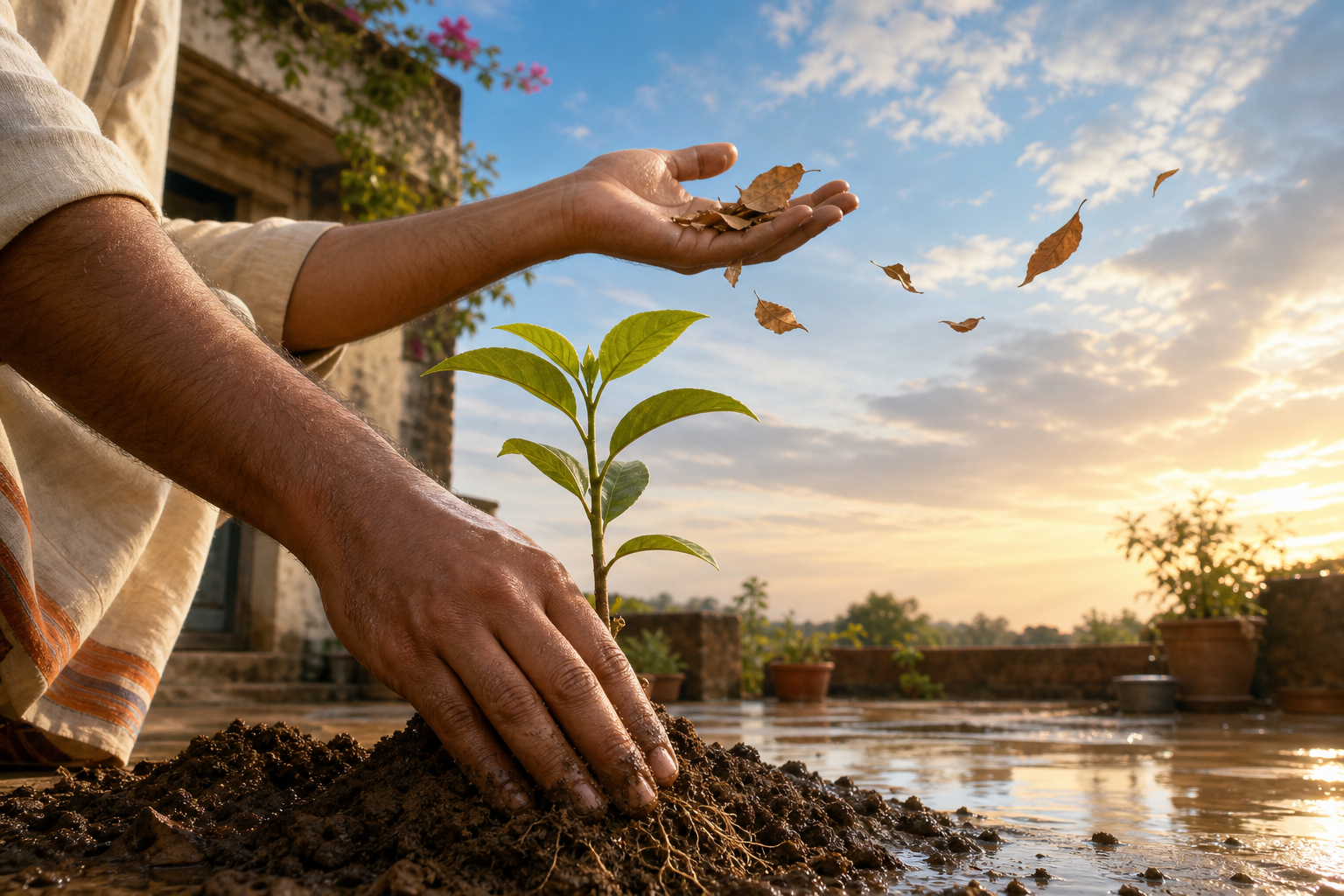 A householder supports a young plant with one hand while releasing dry leaves into the breeze with the other.