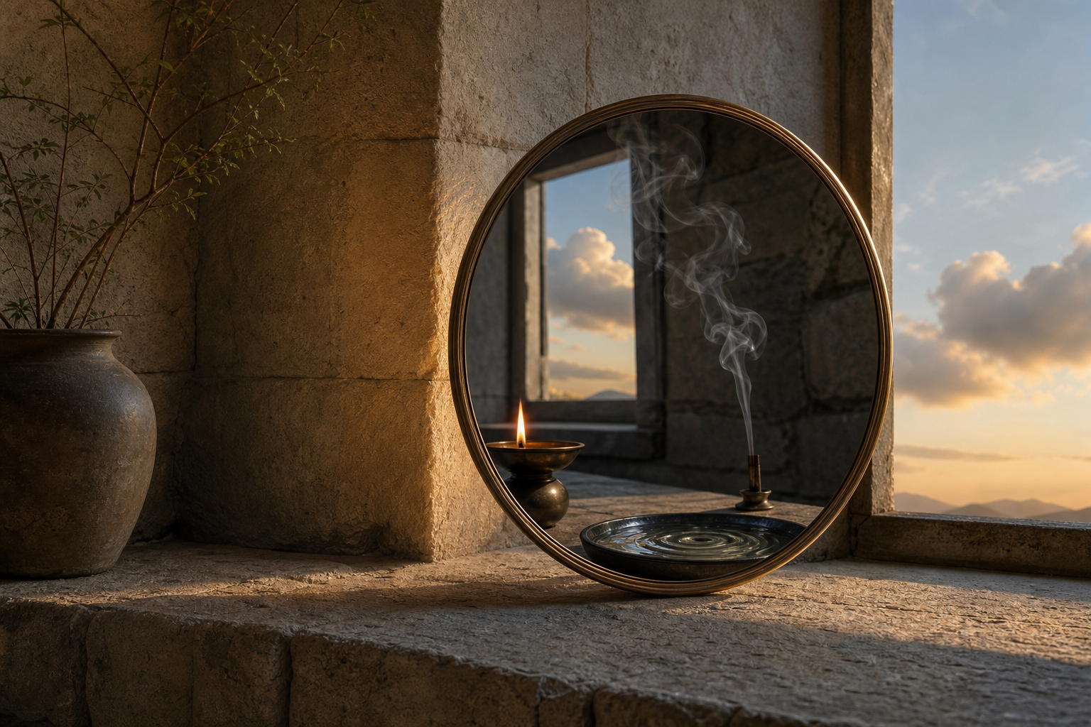 A round bronze mirror reflects a lamp, incense smoke, rippling water, and a cloud in a quiet stone alcove.