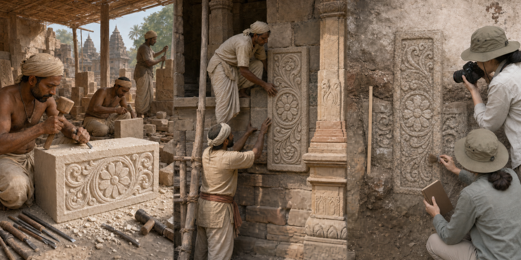Three connected scenes show a carved stone block being made, later reused in a wall, and documented by archaeologists in the present day.