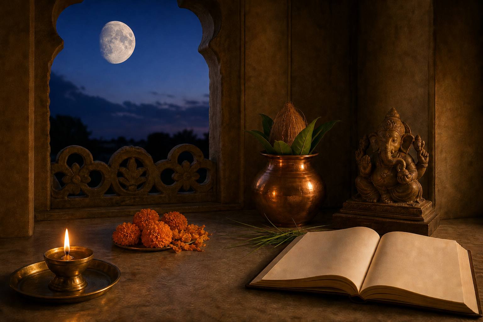 A brass oil lamp, flowers, copper vessel, blank almanac and small Ganesha murti arranged beside a window overlooking the evening Moon.