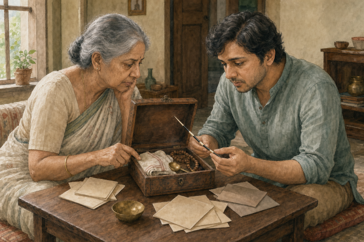 An older and a younger adult examine a porcupine quill and other objects in an inherited puja box at a low table.