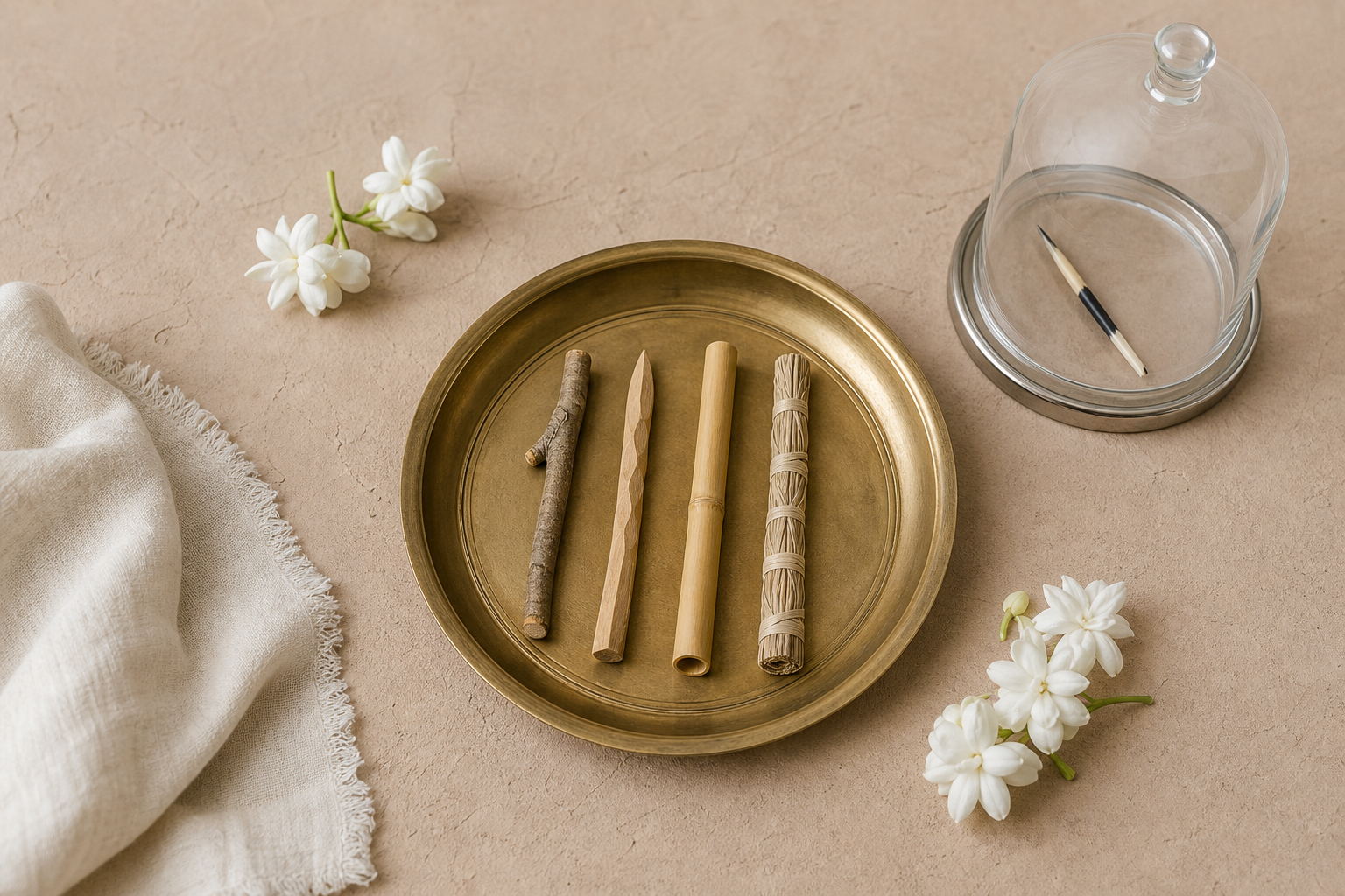 Wooden, bamboo, twig, and plant-fiber ritual implements sit on a brass plate while a porcupine quill remains under a glass cover nearby.