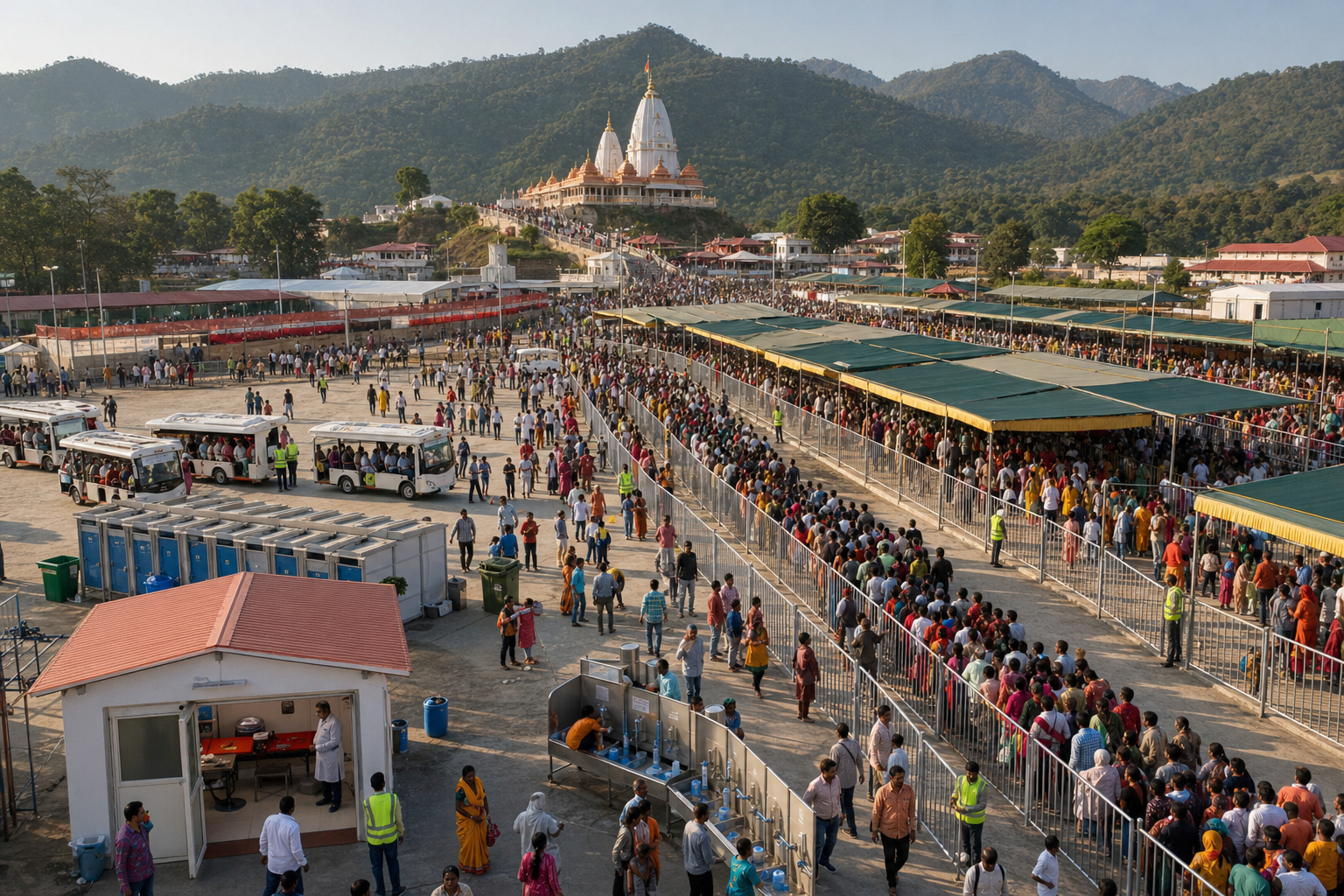 An organized pilgrimage fair has queue lanes, shade canopies, water points, first aid, volunteers and transport below forested hills.
