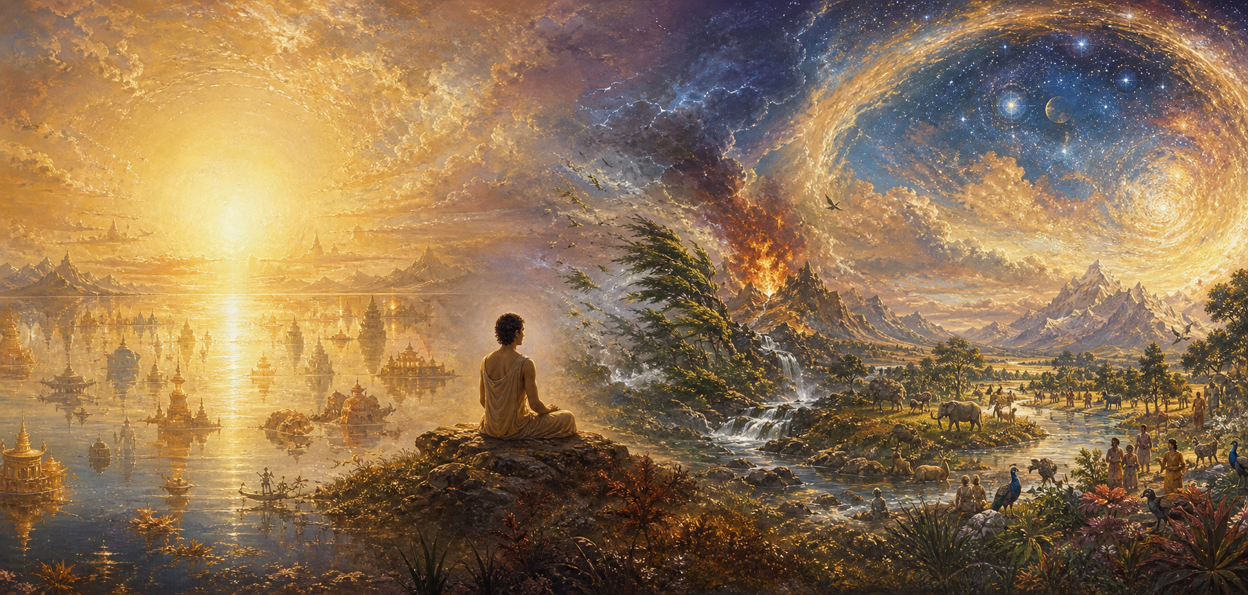 Three connected scenes show forms reflected in one expanse, a still observer beside active nature, and many beings held within one luminous whole.