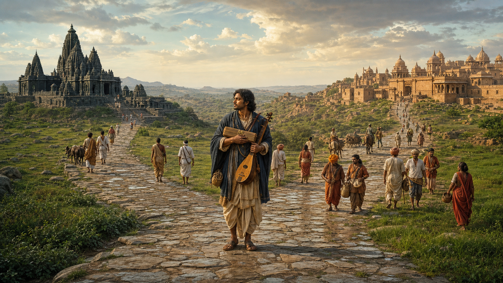An itinerant poet carrying a closed palm-leaf bundle stands where two roads connect distinct medieval Deccan temple and court settlements.