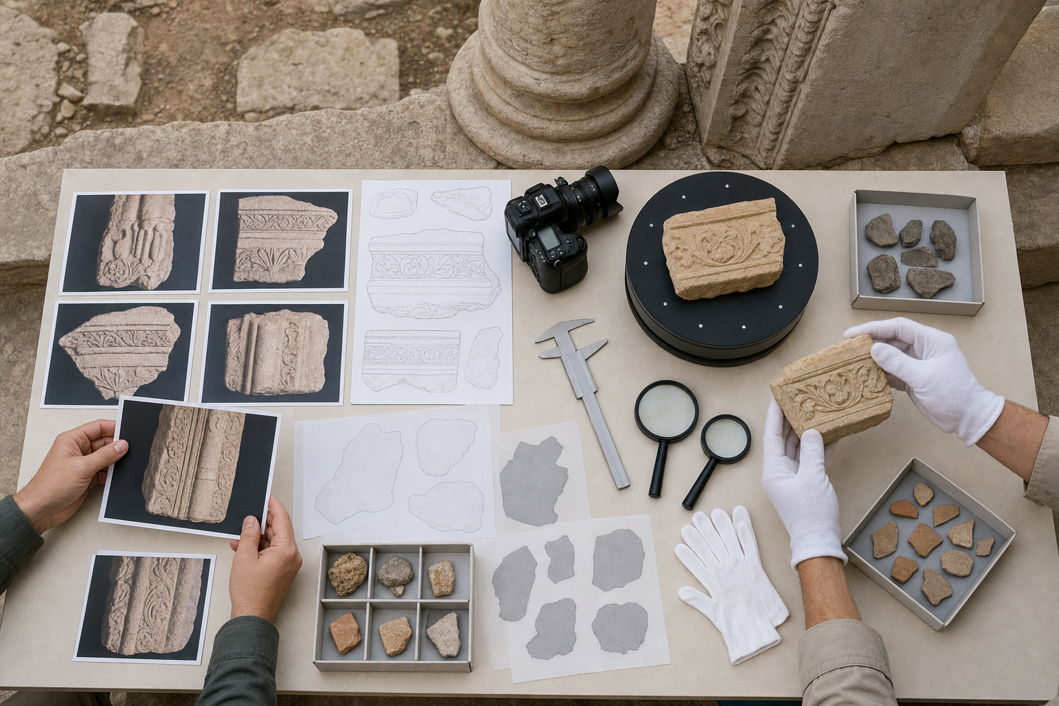 Archaeological researchers document a carved sandstone fragment with cameras, calipers, sketches, sample trays, and conservation tools.