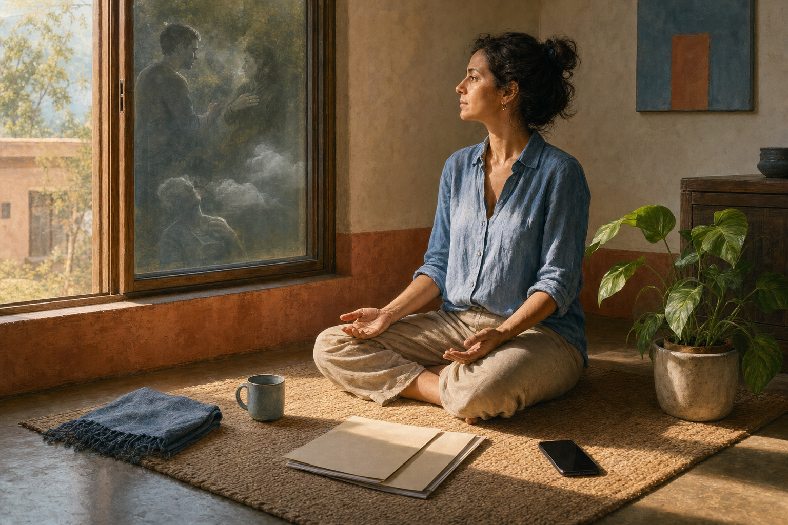 A person sits attentively on a woven mat in a sunlit room beside everyday objects and faint reflections in a window.