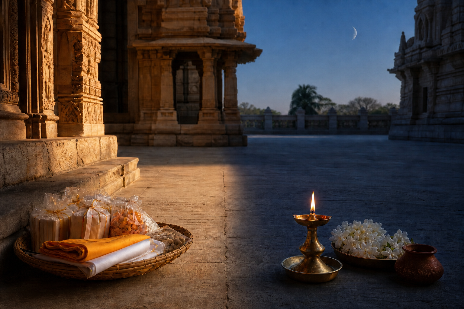 A temple courtyard shifts from warm afternoon light to blue evening light across a sharp band of shadow, with ritual items and a lit brass lamp on opposite sides.