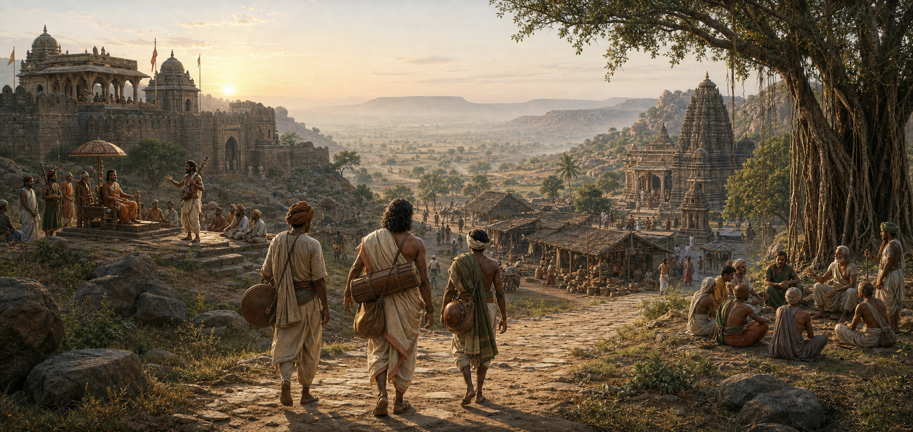Poets, attendants, patrons and pilgrims occupy connected court, road and temple settings across a medieval Deccan landscape.