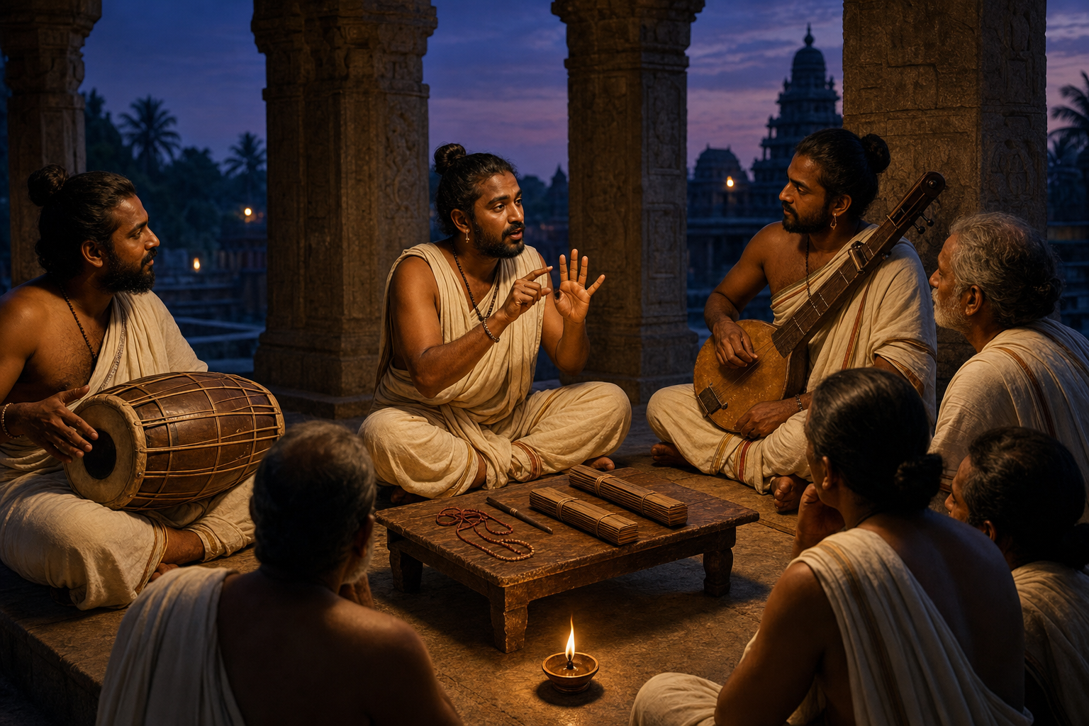A poet counts rhythm on the fingers while two musicians and a small audience participate in a performance inside a stone pavilion.