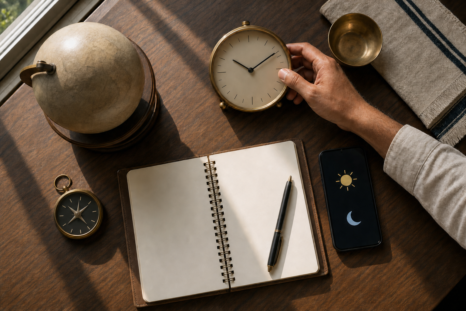 A hand adjusts an unnumbered analog clock beside a globe, compass, smartphone with sun and Moon icons, and a blank planner.