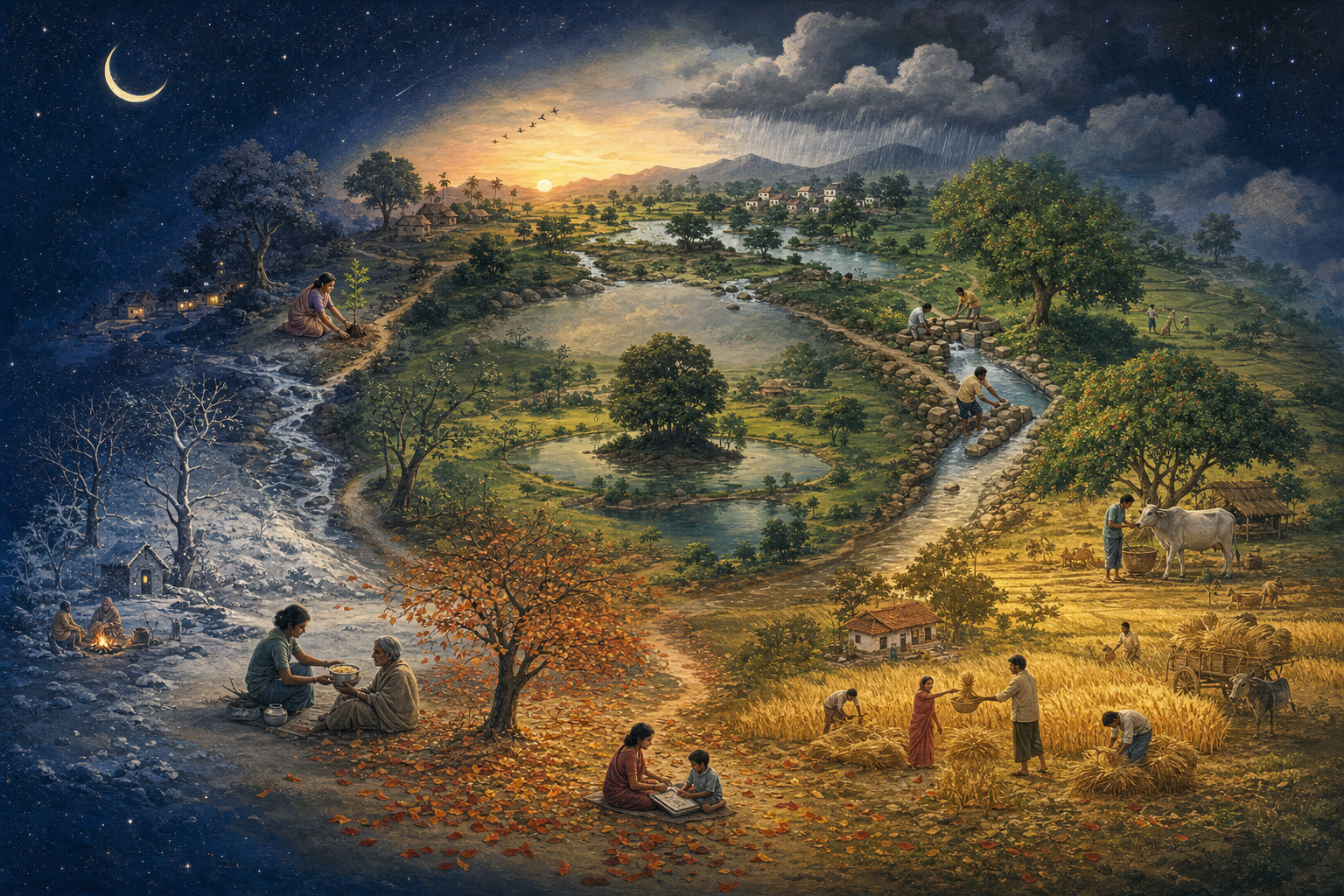 A circular landscape moves through day, night, rain, growth, harvest, and winter as people care for one another and the land.