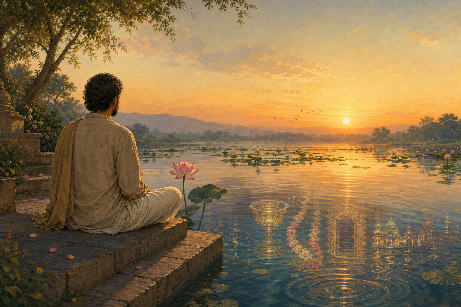 A seated person watches reflections of luxurious objects dissolve into ripples beside a real lotus in a pond at sunrise.