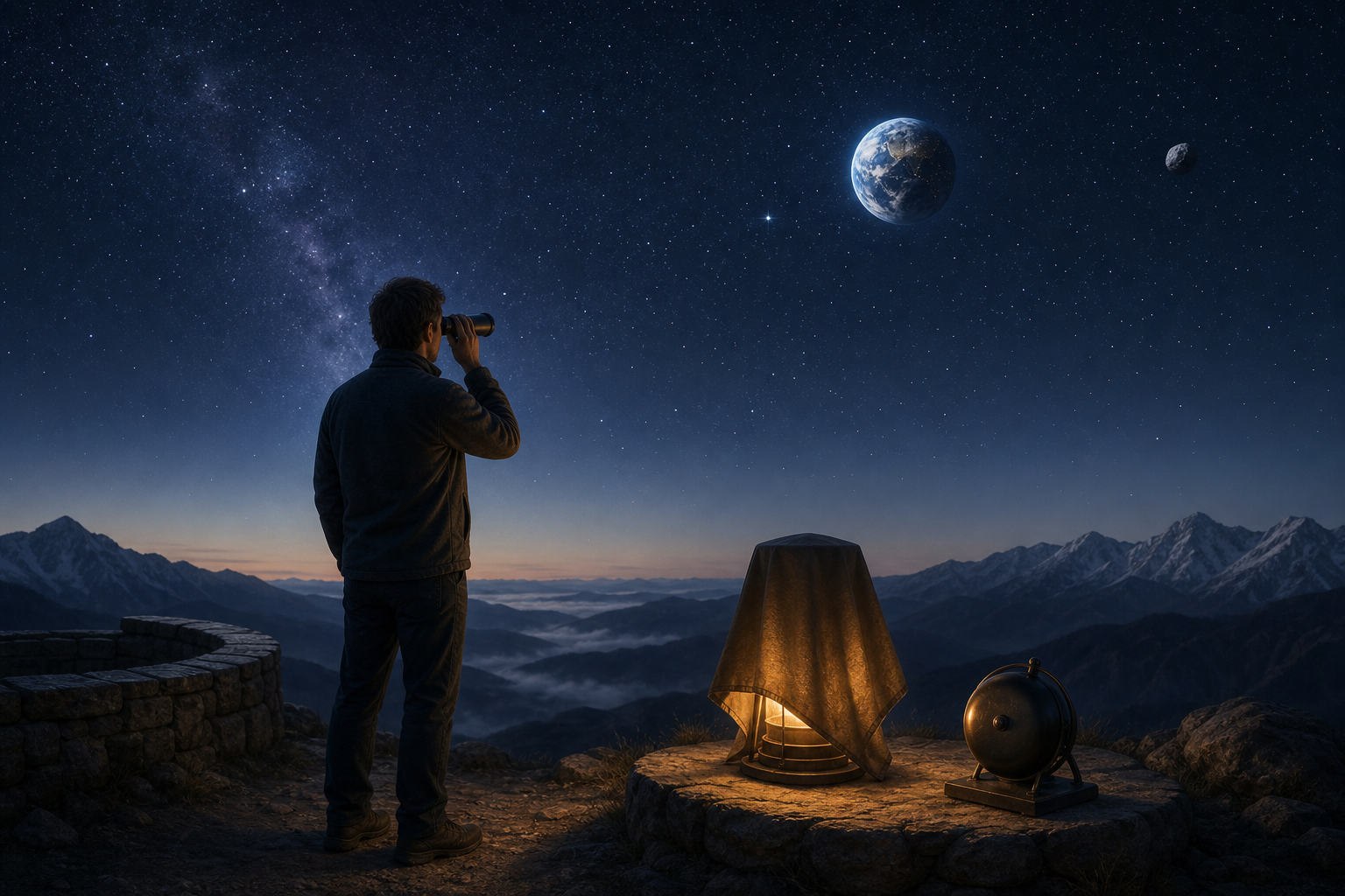 An observer studies the night sky through a viewing lens beside a covered lantern and an untouched alarm bell.