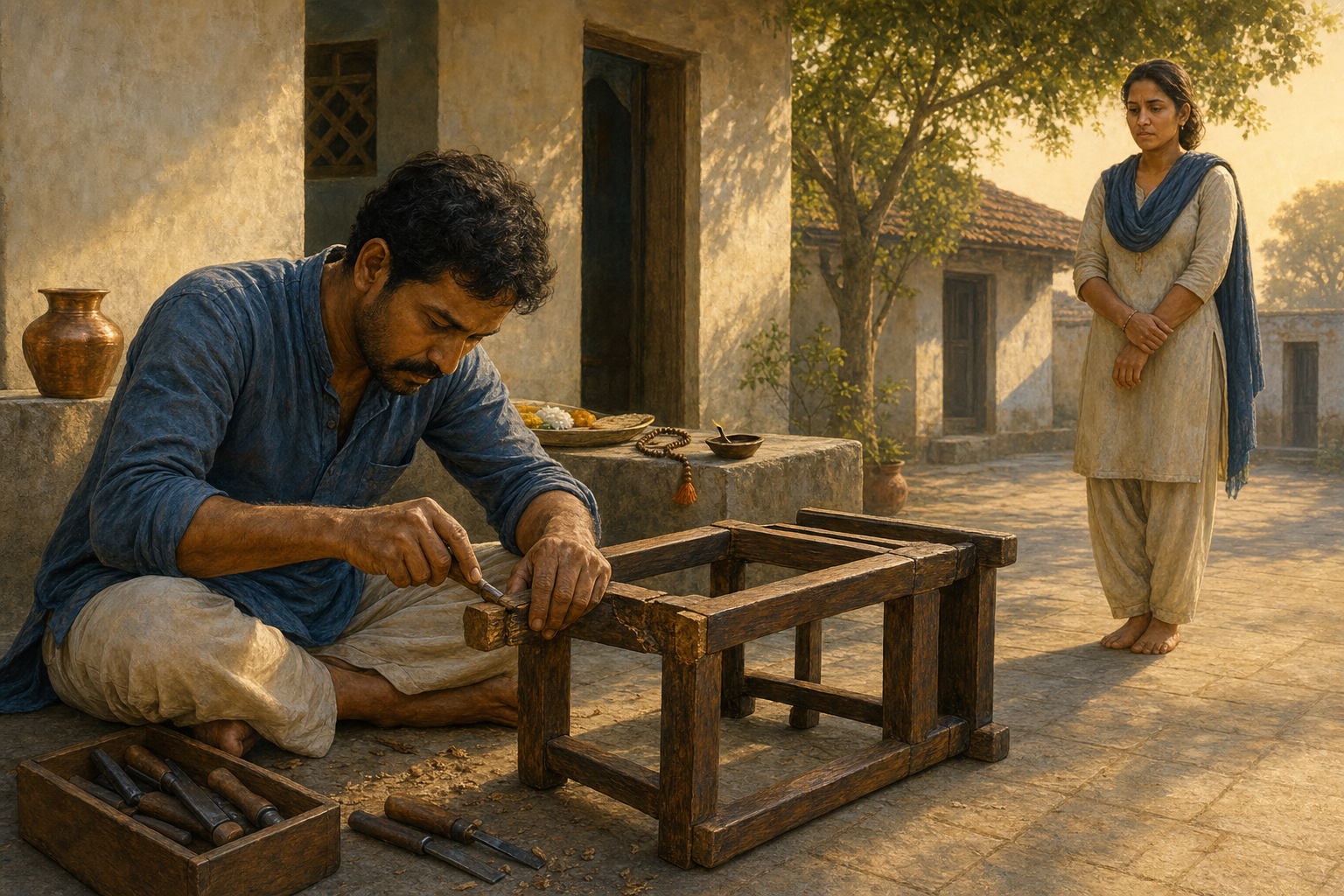 An adult repairs a damaged wooden stool in a dawn courtyard while another person waits nearby, with an untouched simple meal and prayer items resting in the background.