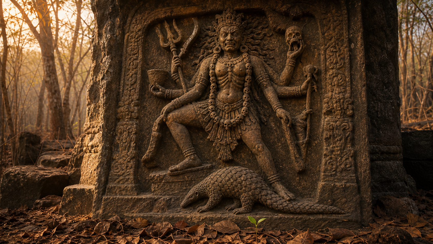 An imagined weathered sandstone relief of Chamunda with a small, long-tailed pangolin carved beside her feet in a forest shrine at dawn.