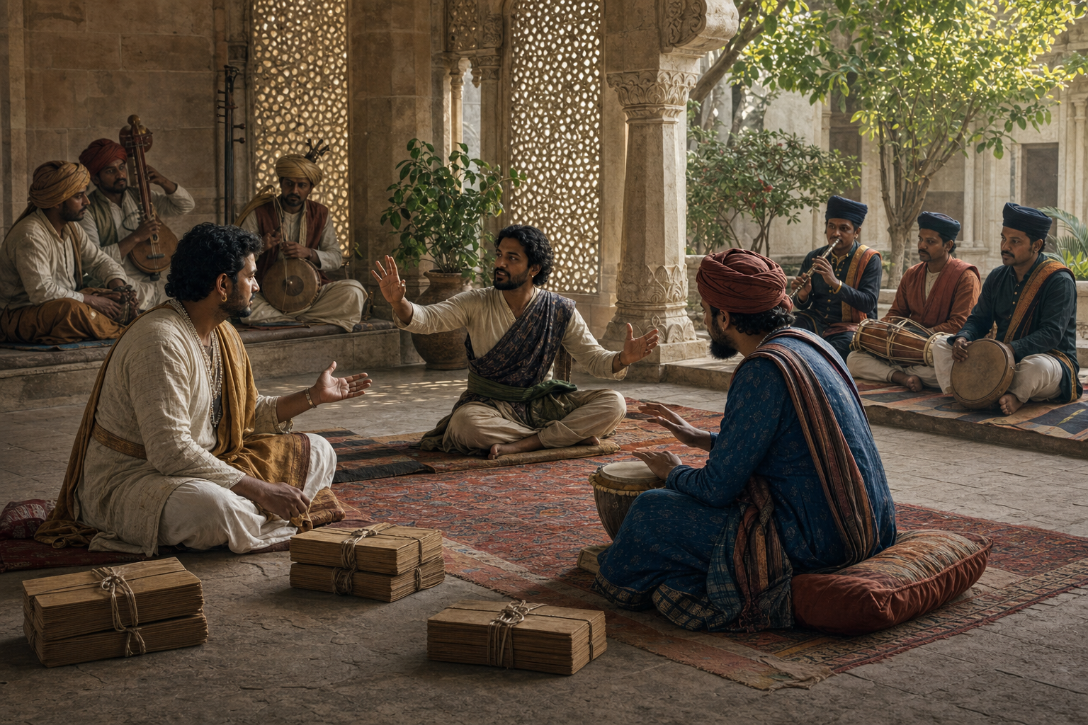 Two poet-scholars compare an oral recitation and its rhythm in a courtyard while musicians with different instruments sit nearby.
