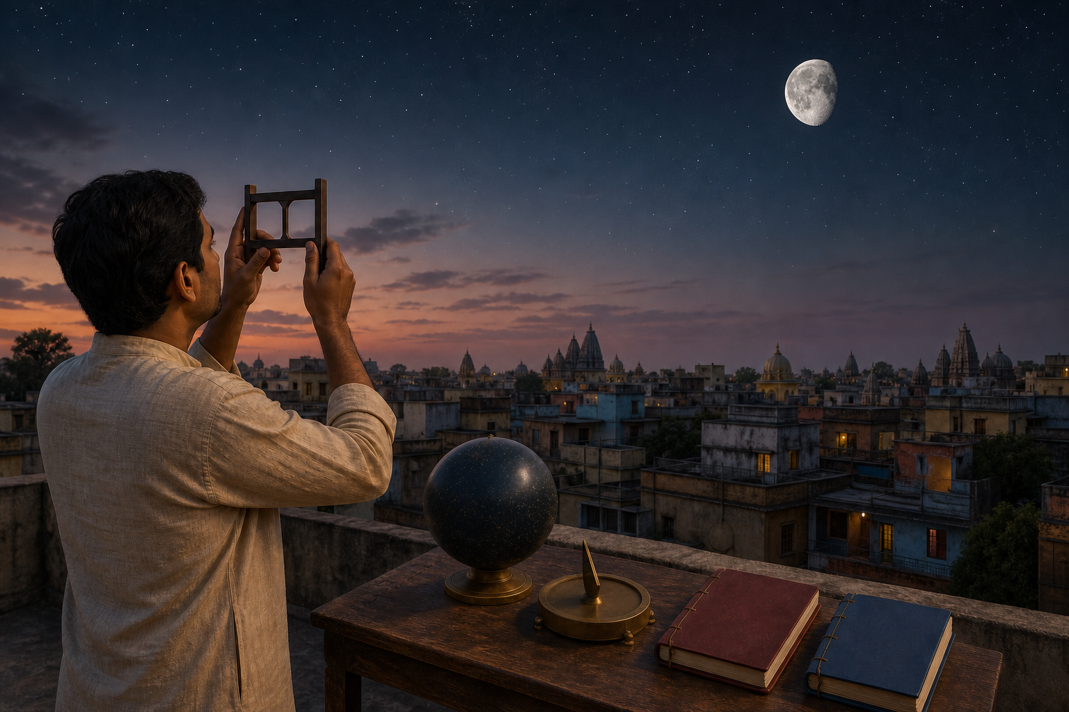 An observer watches the waning Moon from a rooftop beside an unlabeled celestial sphere, a brass astronomical instrument and two closed almanacs.