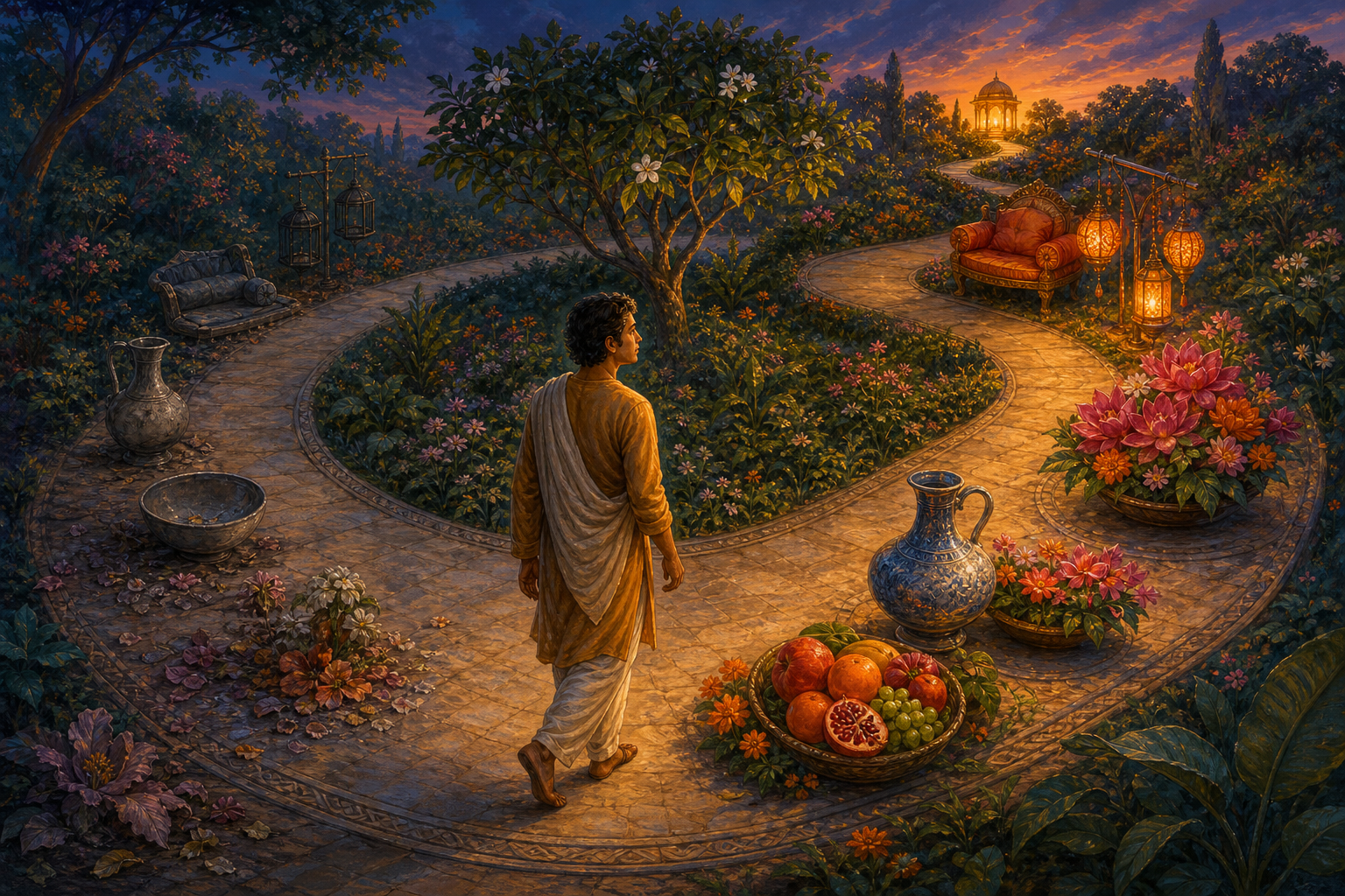 A traveler follows a circular garden path where enticing objects fade after being passed and another glowing object waits ahead.