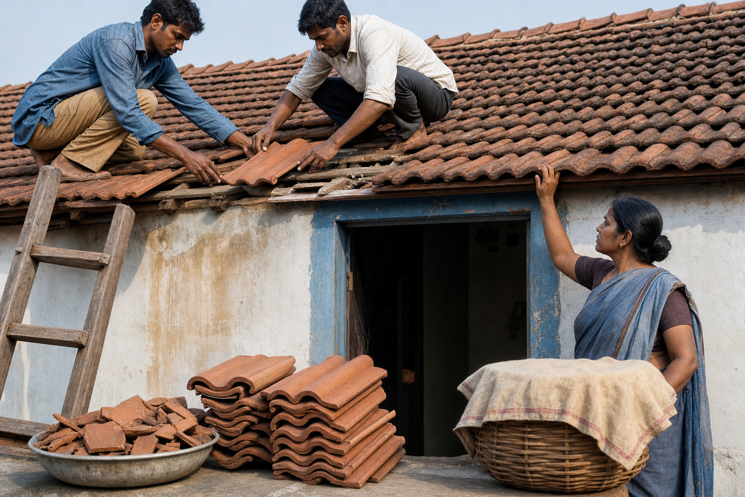 An adult and a craftsperson replace broken roof tiles at a modest home while the resident observes the repair.