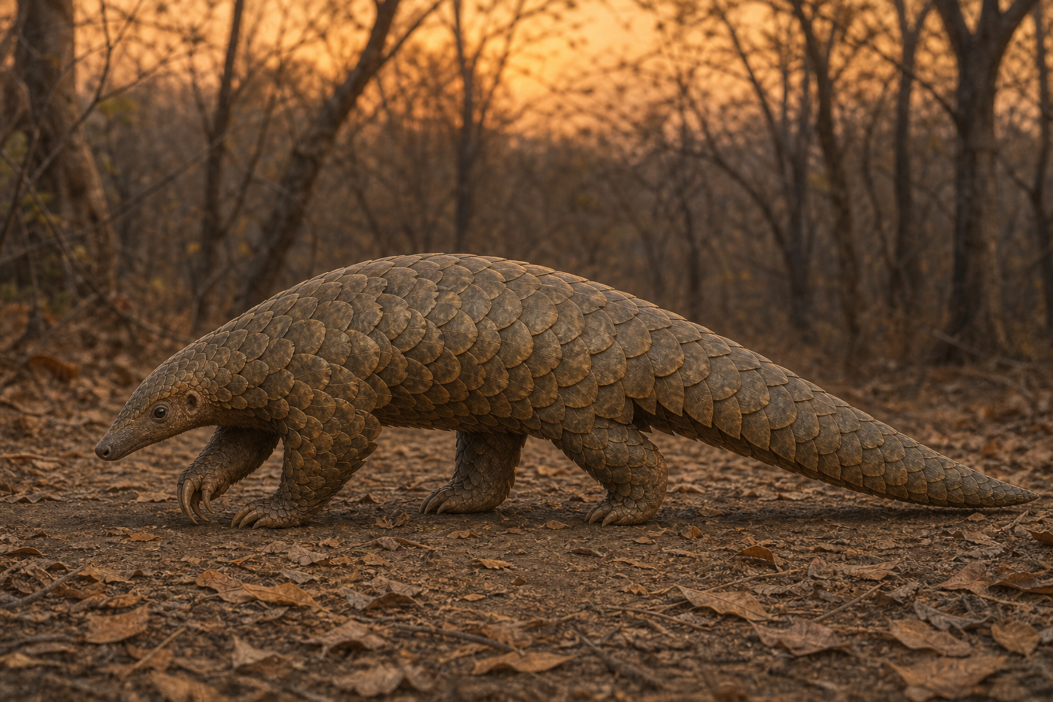 An Indian pangolin walks in side profile across forest leaf litter, showing its overlapping scales, narrow snout, digging claws, and long tapering tail.