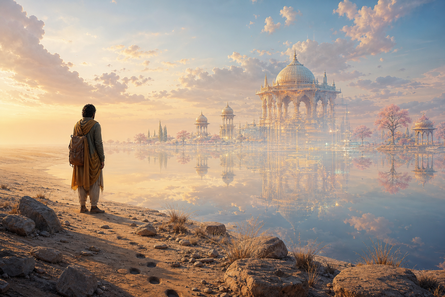 A traveler pauses before a glowing pavilion that dissolves into mist and reflections above a desert lake.