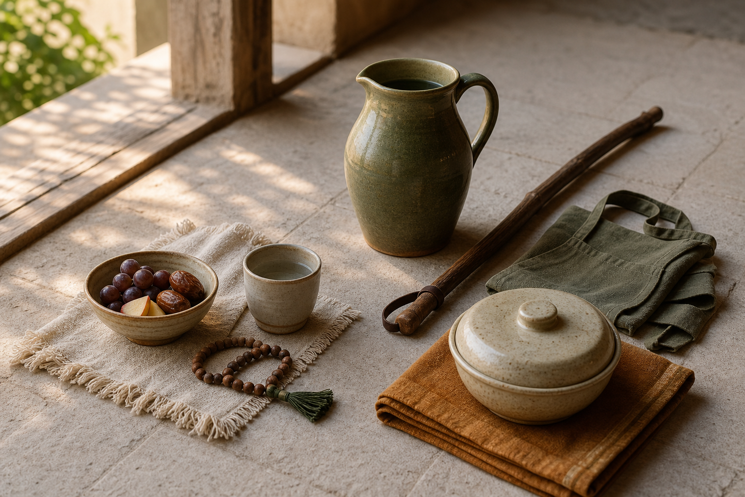 A modest fasting arrangement of fruit, water, and prayer beads sits beside a walking stick, work apron, and covered meal on a stone floor.