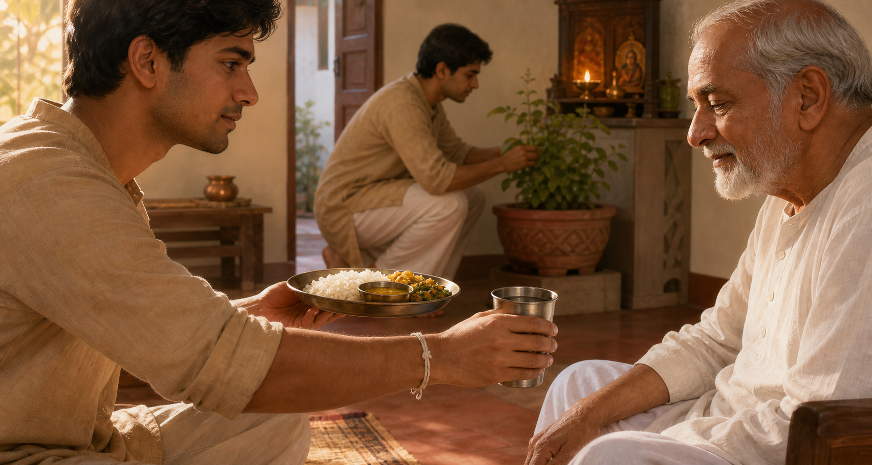 A person wearing a knotted sacred thread serves food and water to an elderly relative in a home with a tulsi plant and small shrine.