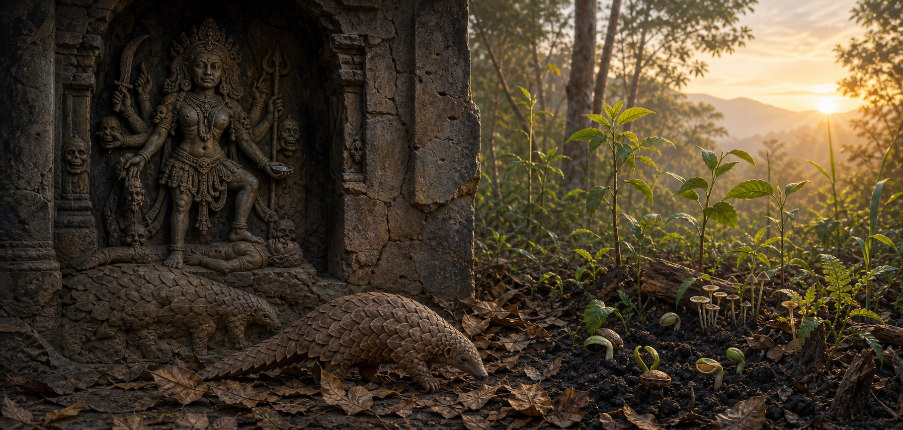 A conceptual painting links an imagined Chamunda relief and carved pangolin with a living pangolin, decomposing leaves, fertile soil, and new forest growth.