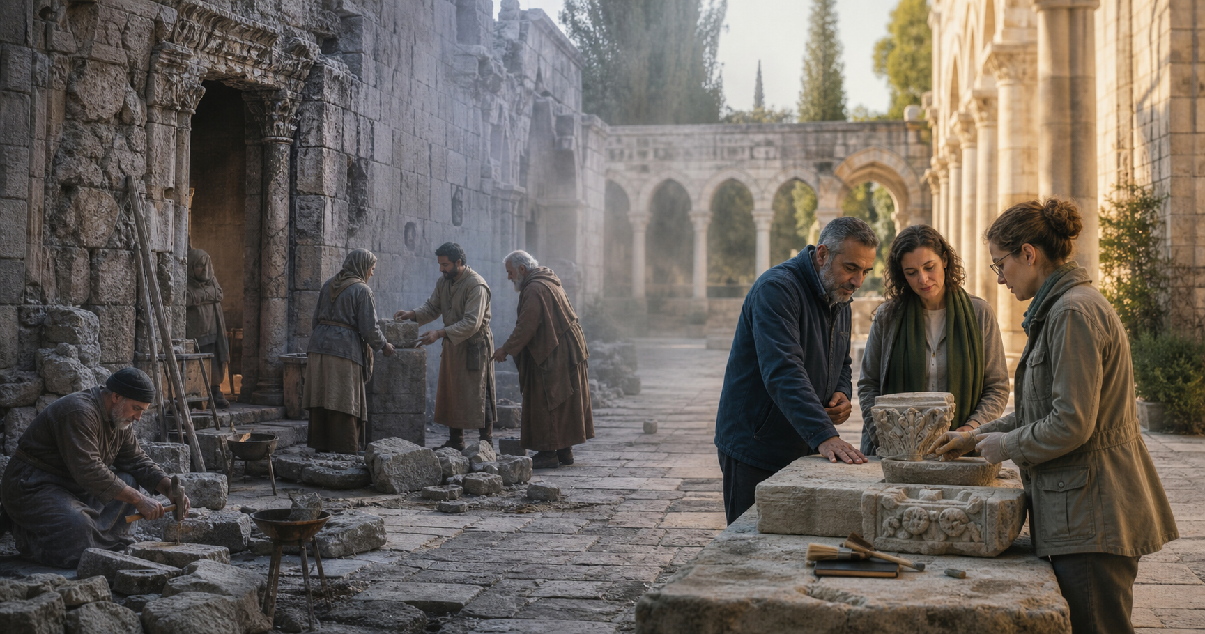 A damaged medieval courtyard being repaired transitions into the same site today, where neighbors study the preserved remains with a conservator.