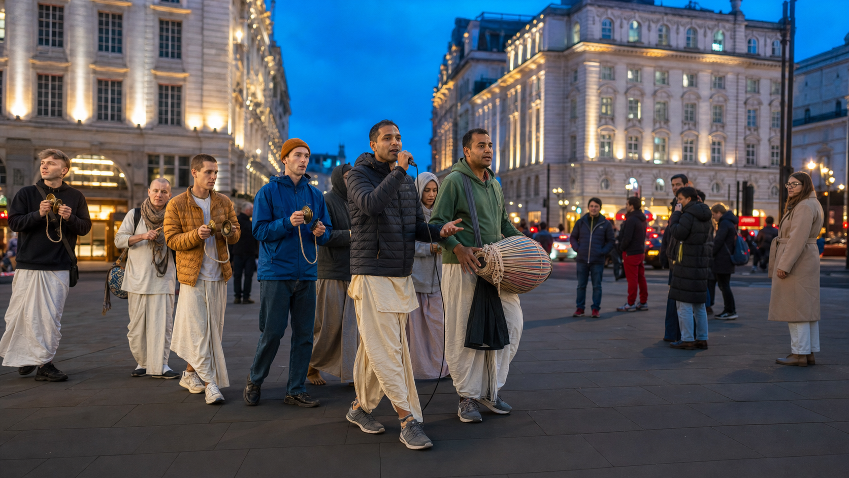 A small Vaishnava kirtan group sings and plays a drum and hand cymbals at Cambridge Circus in the London West End as pedestrians pass at dusk.