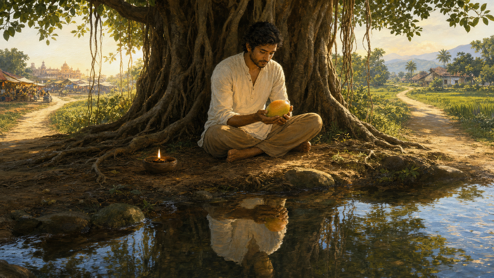A person beneath a banyan tree examines a mango while two paths lead toward a distant market and cultivated fields.