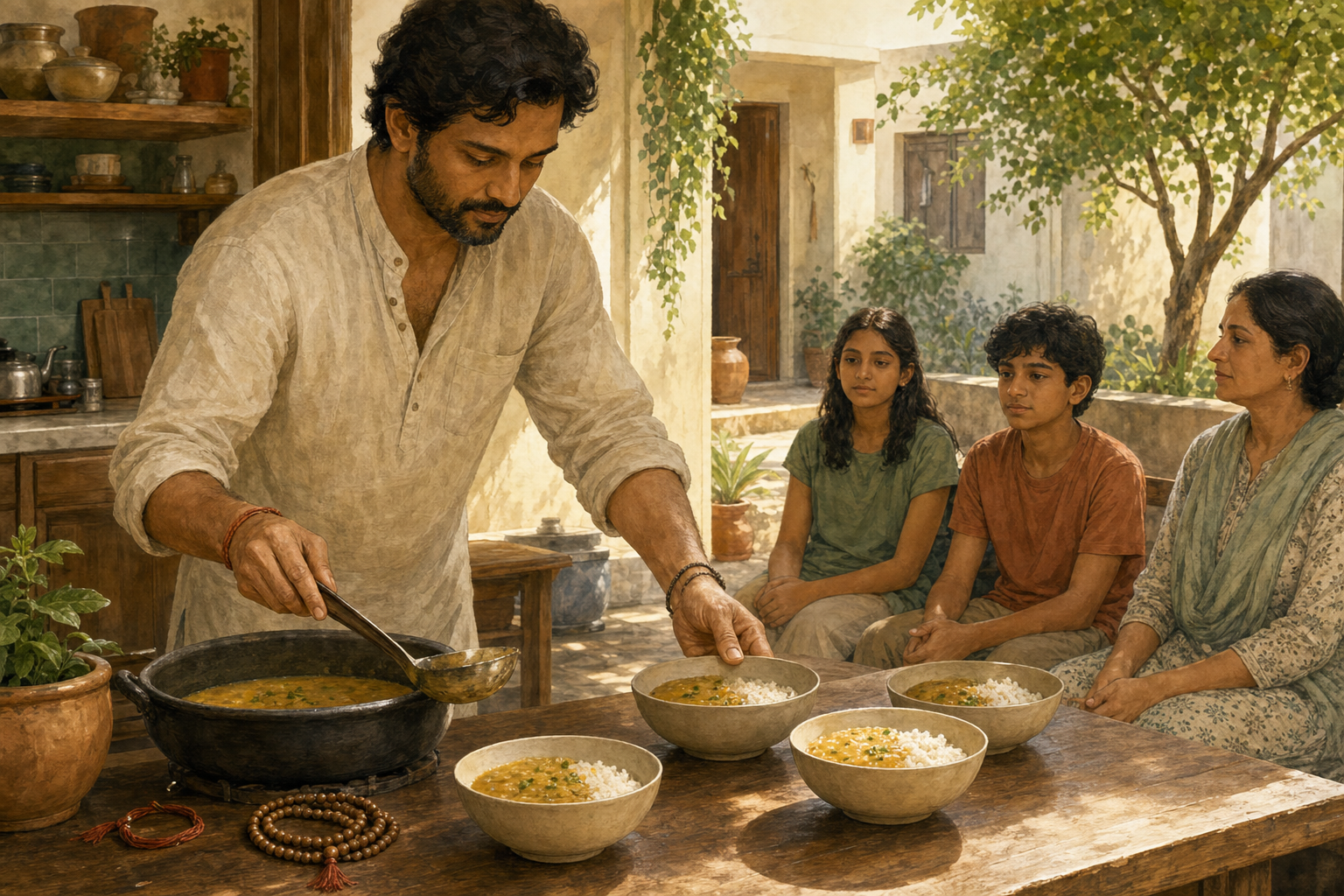 An adult pauses with a serving ladle and then portions food equally into bowls for waiting family members in a sunlit courtyard kitchen.